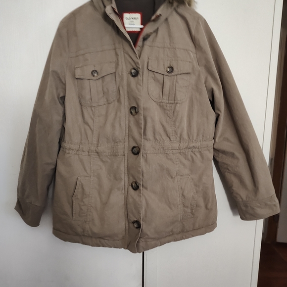Old Navy Woman's Parka Style Jacket With Faux Fur Trim. Khaki Winter Coat. - Picture 1 of 10
